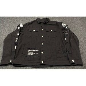 SHEIN Denim Jacket Mens M Black Graphic Distressed Deconstructed Trucker Jacket